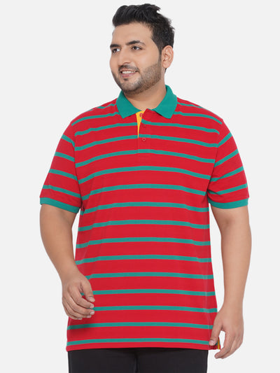 aLL - Plus Size Men's Red & Green Pure Cotton Striped Polo Collar T-Shirt  JupiterShop   
