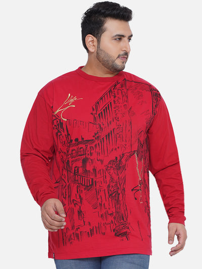 Life - Plus Size Men's Regular Fit Pure Cotton Red Printed Round Neck Full Sleeve Casual T-Shirt  JupiterShop   