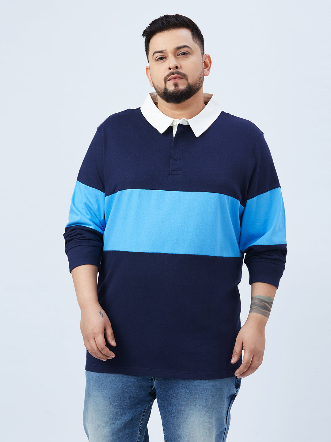 Jacamo Plus Size Men's Regular Fit Cotton Blue Colourblocked