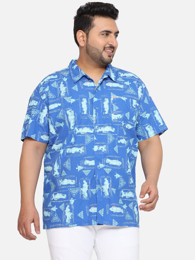 Columbia - Plus Size Men's Regular Fit Royal Blue Cotton Printed Half Sleeve Casual Shirt Plus Size Shirts JupiterShop   