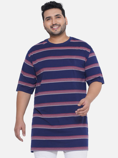 HB - Plus Size Men's Regular Fit Pure Cotton Navy Blue Striped Round Neck Casual T-Shirt  JupiterShop   