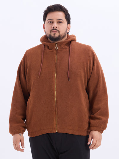 aLL - Plus Size Men Solid Brown Regular Fit Zip-Up Fleece Hooded Jacket Plus Size Winterwear JupiterShop