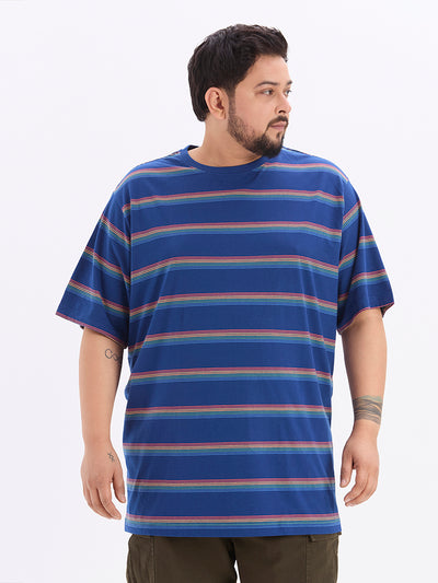 HB - Plus Size Men's Regular Fit Cotton Blue Striped Round Neck Casual T-Shirt Plus Size T Shirt JupiterShop