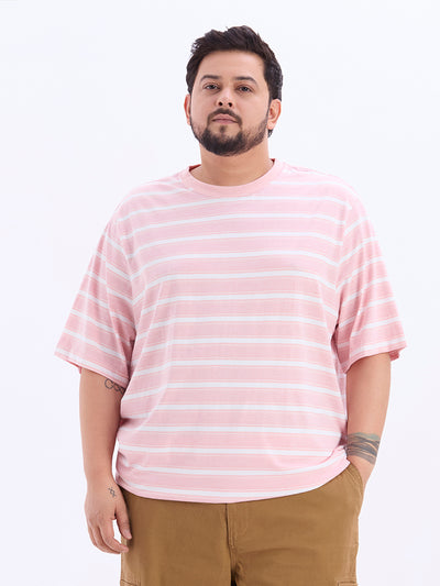 HB - Plus Size Men's Regular Fit Cotton Pink Striped Round Neck Casual T-Shirt Plus Size T Shirt JupiterShop