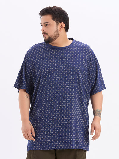 HB - Plus Size Men's Regular Fit Pure Cotton Navy Blue Printed Round Neck Casual T-Shirt Plus Size T Shirt JupiterShop