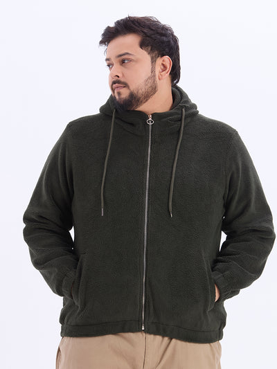 aLL - Plus Size Men Solid Green Regular Fit Zip-Up Fleece Hooded Jacket Plus Size Winterwear JupiterShop
