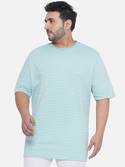HB - Plus Size Men's Regular Fit Pure Cotton Turquoise & White Striped Round Neck Casual T-Shirt  JupiterShop   