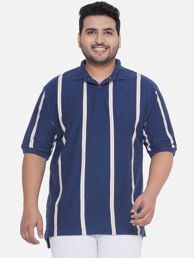 Santonio - Plus Size Men's Regular Fit Blue Coloured Striped Polo Collar T-Shirt Plus Size T Shirt JupiterShop   