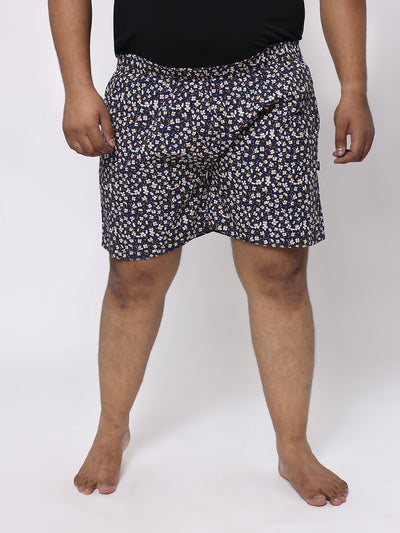 Santonio - Plus Size Men's Navy Blue Floral Printed Cotton Lounge Shorts Plus Size Innerwear JupiterShop