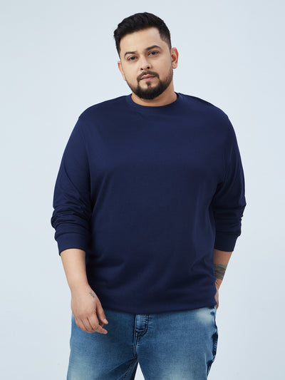 Jacamo - Plus Size Men's Regular Fit Navy Blue Solid Cotton Casual Full Sleeve T-Shirt Plus Size T Shirt JupiterShop