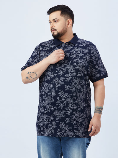 Jacamo - Plus Size Men's Regular Fit Navy Blue Printed Cotton Half Sleeve Polo Neck T-Shirt Plus Size T Shirt JupiterShop