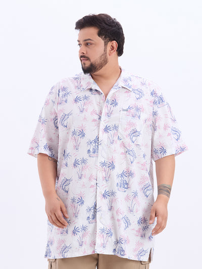 Columbia - Plus Size Men's Regular Fit White Cotton Printed Half Sleeve Casual Shirt Plus Size Shirts JupiterShop