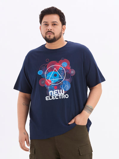 aLL - Plus Size Men's Regular Fit Cotton Graphic Print Navy Blue T-shirt Plus Size T Shirt JupiterShop