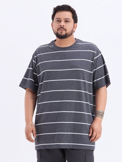 HB - Plus Size Men's Regular Fit Cotton Charcoal Striped Round Neck Casual T-Shirt Plus Size T Shirt JupiterShop