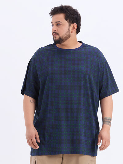 HB - Plus Size Men's Regular Fit Pure Cotton Navy Check Round Neck Casual T-Shirt Plus Size T Shirt JupiterShop