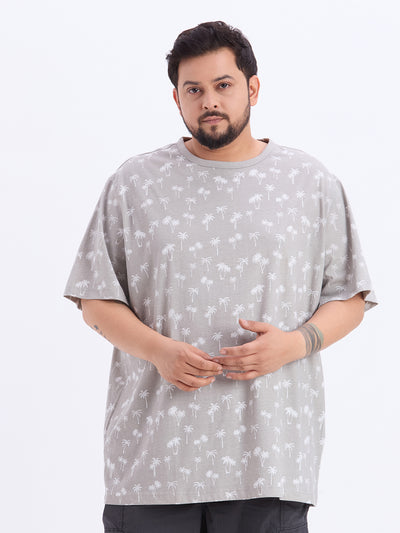 HB - Plus Size Men's Regular Fit Cotton Grey Palm Tree Print Round Neck T-Shirt Plus Size T Shirt JupiterShop