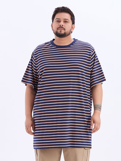 HB - Plus Size Men's Oversized Fit Navy & Peach Striped Pure Cotton Round Neck Casual T-Shirt Plus Size T Shirt JupiterShop