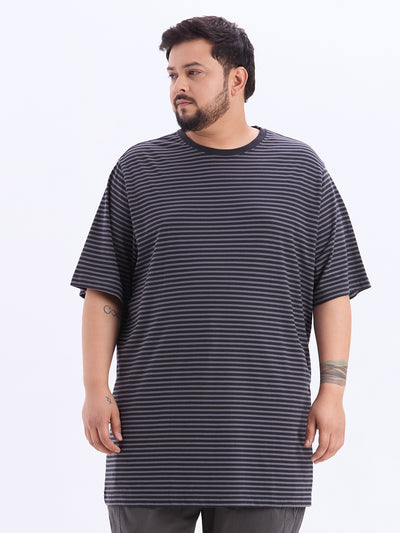 HB - Plus Size Men's Regular Fit Black & Grey Striped Pure Cotton Round Neck Casual T-Shirt Plus Size T Shirt JupiterShop