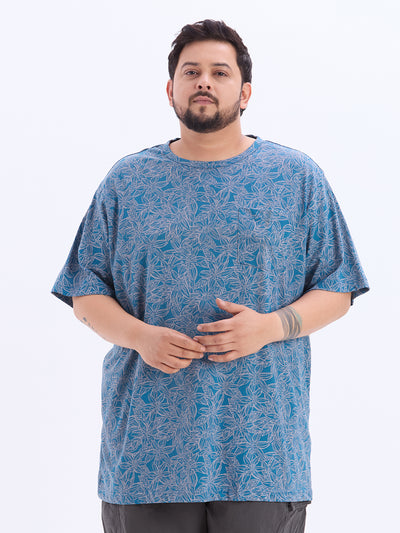 HB - Plus Size Men's Regular Fit Blue Floral Printed Pure Cotton Round Neck Casual T-Shirt Plus Size T Shirt JupiterShop