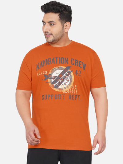 Plus Size Round Neck Orange Printed Men's T Shirt