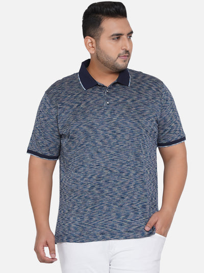 Plus Size Navy Blue Printed  Polo Neck T-Shirt