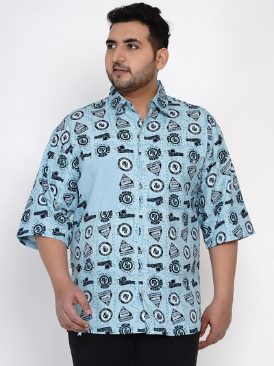Plus Size Blue Printed Men's Beach Shirt