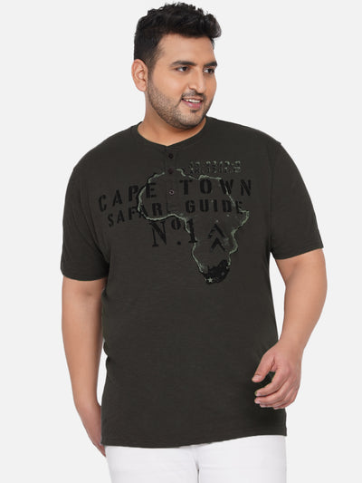 Plus Size Round Neck Brown Printed Men's T Shirt