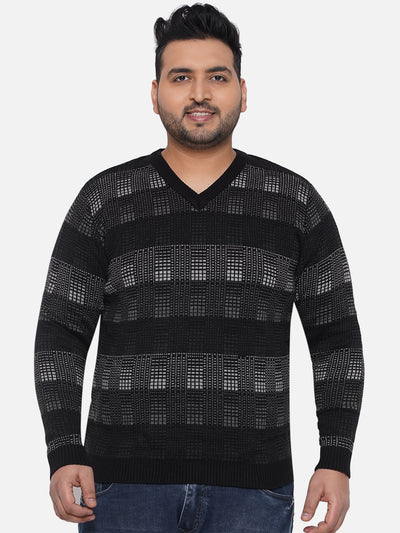 Santonio - Plus Size Men's Black Regular Fit Printed V-Neck Pullover Plus Size Winterwear JupiterShop   