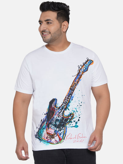 Men White Plus Size Regular Fit Guitar Print Casual T-Shirt