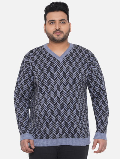 Santonio - Plus Size Men's Regular Fit Black & Grey Printed V-Neck Pullover Plus Size Winterwear JupiterShop   