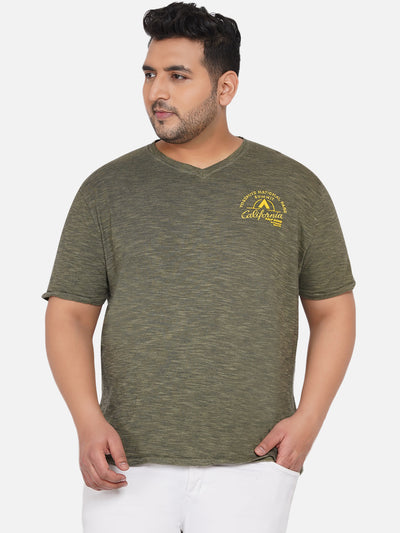 Men Olive Plus Size Regular Fit V-Neck  Stripes Graphic Printed Casual T-Shirt