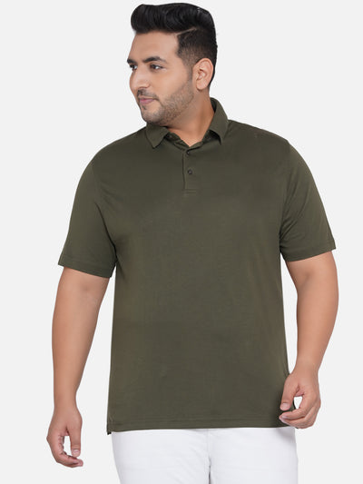 Plus Size Bottle Green Solid  Polo Neck T-Shirt