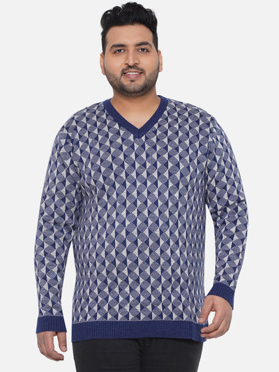 Santonio - Plus Size Men's Blue Regular Fit Printed V-Neck Pullover Plus Size Winterwear JupiterShop   