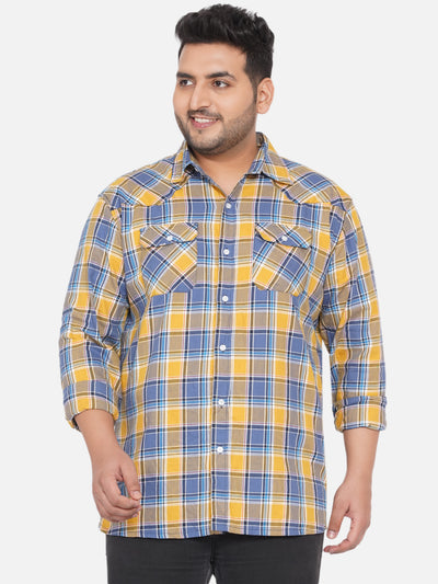 Santonio - Plus Size Men Yellow and Blue Checkered Relaxed Fit Full Sleeves Casual Shirt  JupiterShop   
