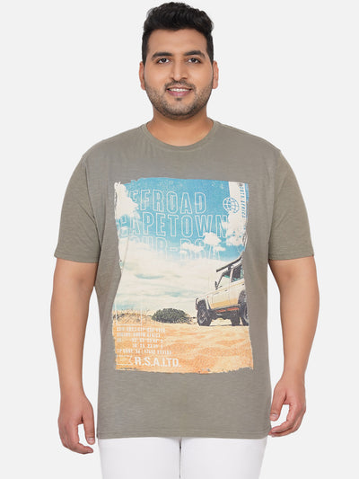Plus Size Round Neck Olive Printed Men's T Shirt