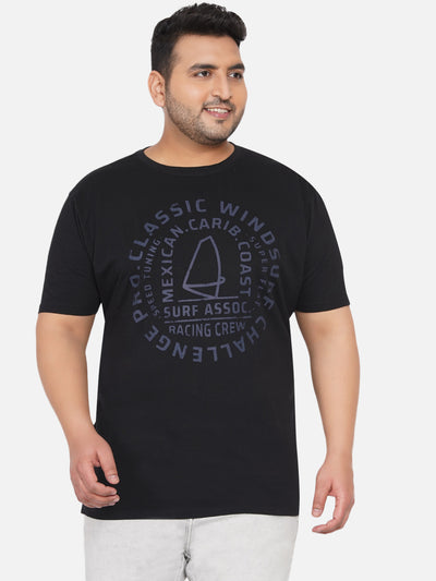 Plus Size Round Neck Black Printed Men's T Shirt