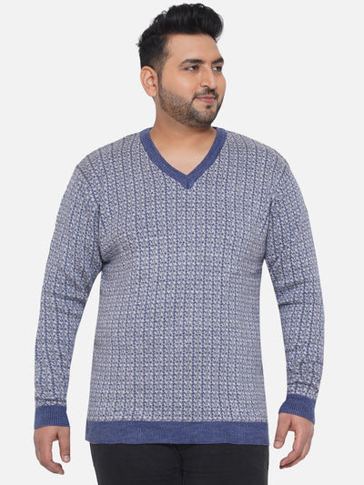 Santonio - Plus Size Men's Blue & Grey  Regular Fit Printed V-Neck Pullover  JupiterShop   