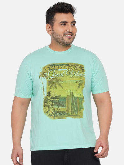 Plus Size Round Neck Sea Green Printed Men's T Shirt