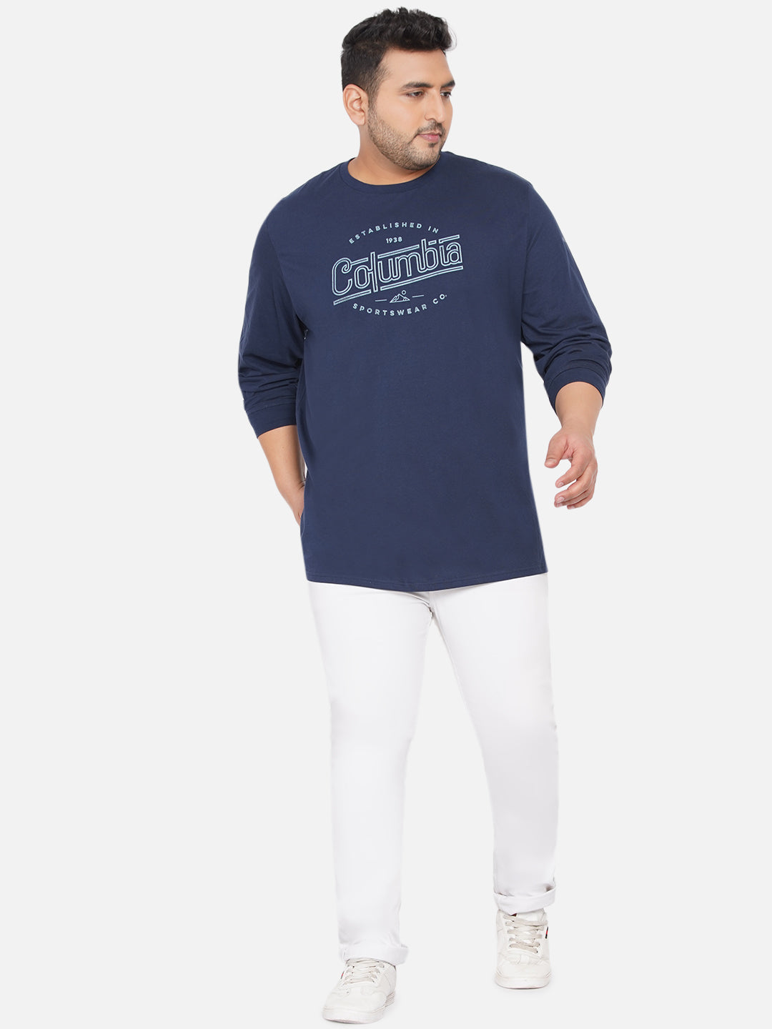 Columbia - Men Navy Blue Plus Size Regular Fit Full Sleeve Cotton T-Shirts 4XL